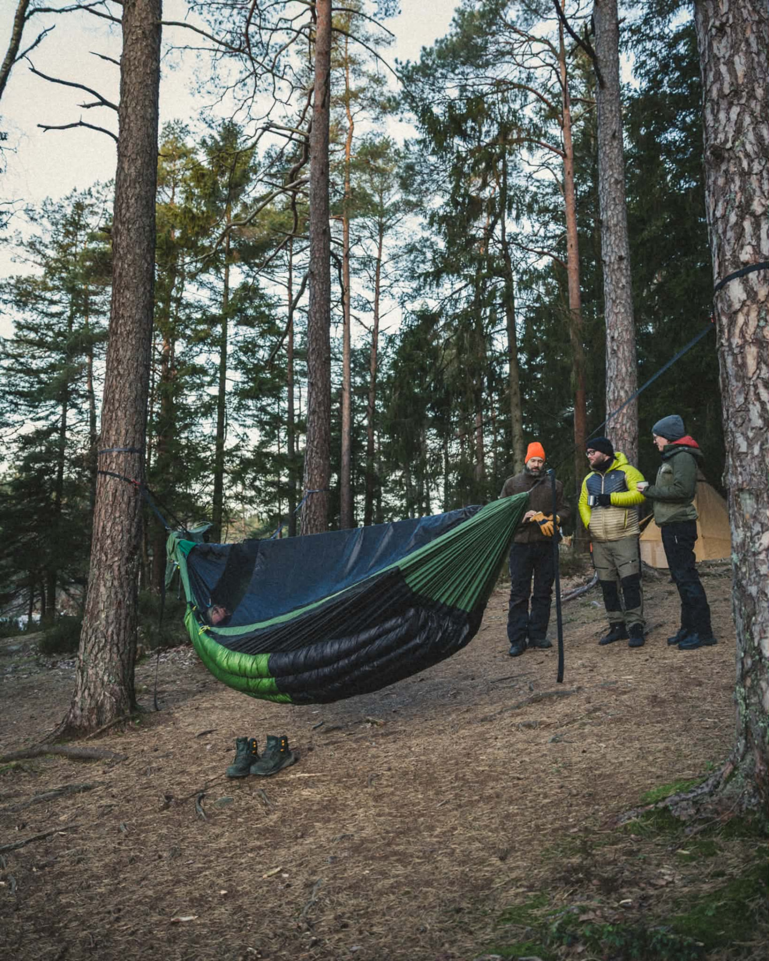 Hammock med underquilt mellan tallar medan tre personer står bredvid och pratar över en kopp kaffe