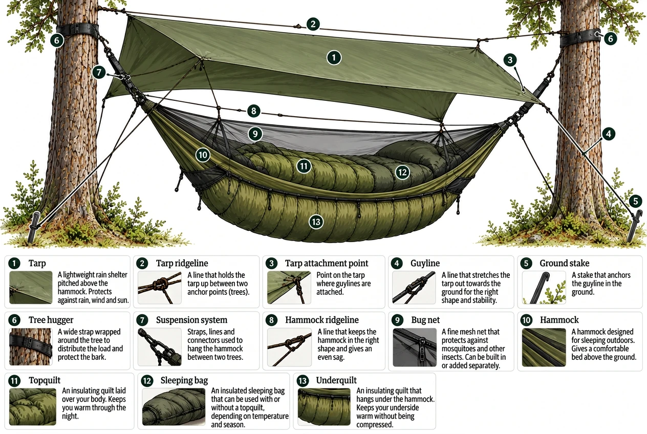 Illustration of a hammock camp: a hammock hung between two trees with a tarp above, with numbered parts 1–13 – tarp, tarp ridgeline, tarp attachment point, guyline, ground stake, tree hugger, suspension system, hammock ridgeline, bug net, hammock, topquilt, sleeping bag and underquilt – each explained in English.